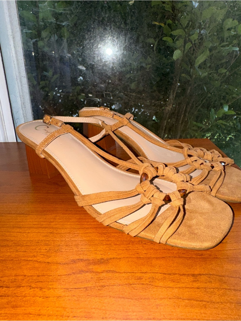 Knotted Strappy Mid-Heel Sandal in Camel Suede